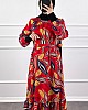 Yaprak Desen Viskon Kumaş Elbise - Kırmızı Yaprak Desen Viskon Kumaş Elbise - Kırmızı