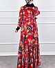 Yaprak Desen Viskon Kumaş Elbise - Kırmızı Yaprak Desen Viskon Kumaş Elbise - Kırmızı