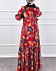 Yaprak Desen Viskon Kumaş Elbise - Kırmızı Yaprak Desen Viskon Kumaş Elbise - Kırmızı
