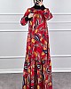 Yaprak Desen Viskon Kumaş Elbise - Kırmızı Yaprak Desen Viskon Kumaş Elbise - Kırmızı