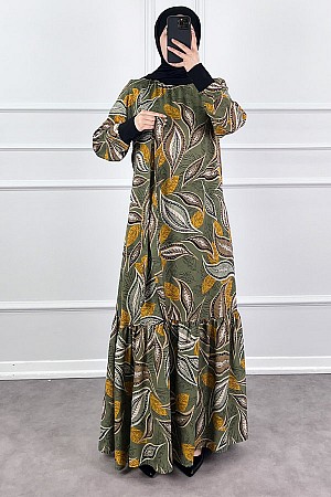 Yaprak Desen Viskon Kumaş Elbise - Yeşil