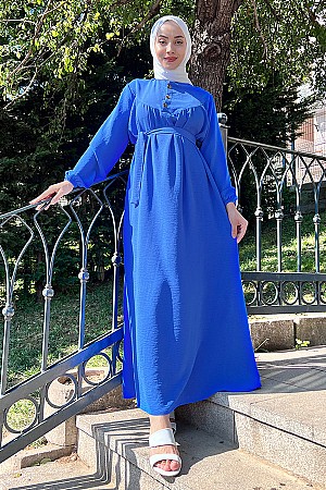 Yarım Düğmeli Elbise - Mavi