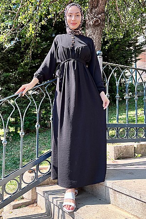Yarım Düğmeli Elbise - Siyah