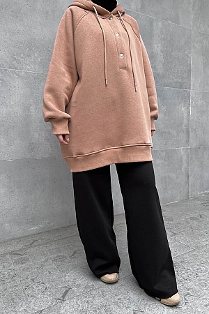 Yarım Düğmeli Kapüşonlu Sweatshirt - Kahverengi Yarım Düğmeli Kapüşonlu Sweatshirt - Kahverengi
