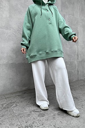 Yarım Düğmeli Kapüşonlu Sweatshirt - Yeşil