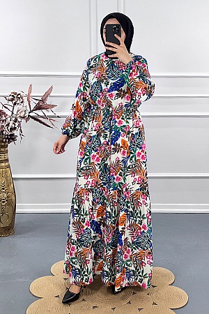 Yaz Desenli Elbise - Beyaz