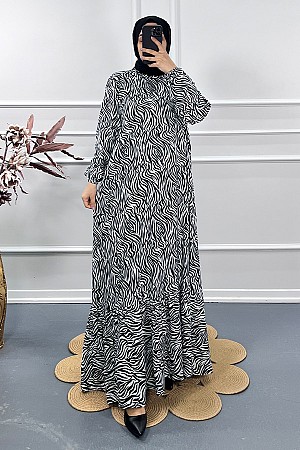 Zebra Desenli Elbise - Beyaz