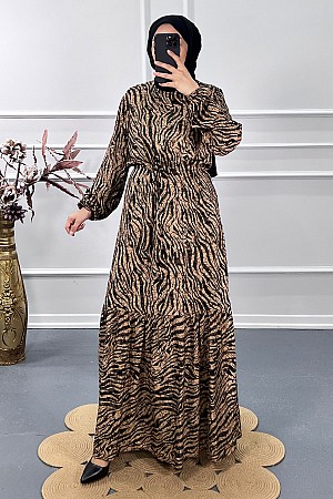 Zebra Desenli Tesettür Elbise - Kahverengi