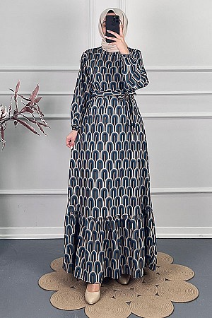 Baskılı Krep Kumaş Elbise - Mavi