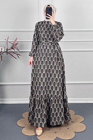 Baskılı Krep Kumaş Elbise - Yeşil