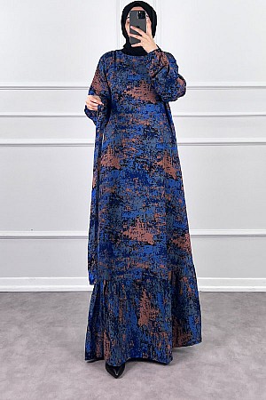 Batik Desenli Elbise - Mavi