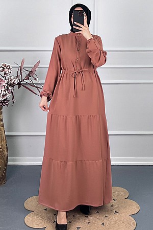 Beli Büzgülü Katkat Elbise - Kiremit