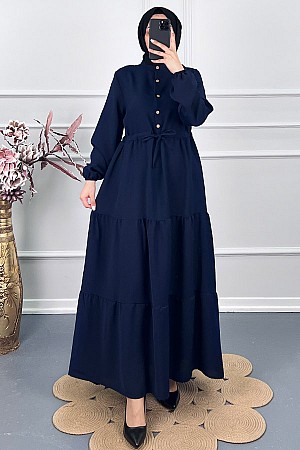 Beli Büzgülü Katkat Elbise - Lacivert