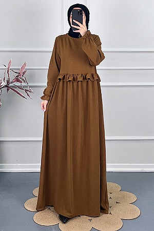 Beli Fırfırlı Elbise - Kahverengi