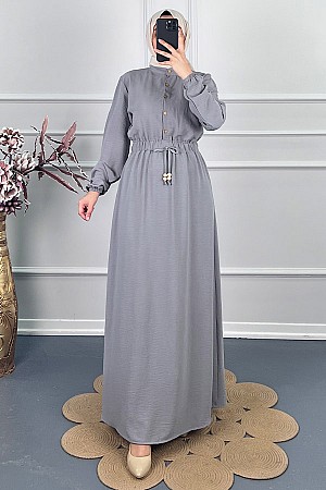 Beli Lastikli Bağlamalı Elbise - Gri