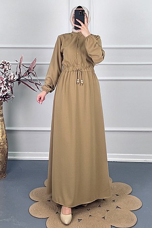 Beli Lastikli Bağlamalı Elbise - Vizon