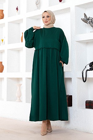 Cepli Salaş Fırfır Detaylı Elbise - Çam Yeşili Cepli Salaş Fırfır Detaylı Elbise - Çam Yeşili