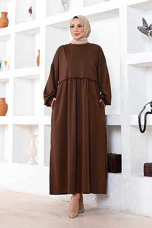 Cepli Salaş Fırfır Detaylı Elbise - Kahverengi