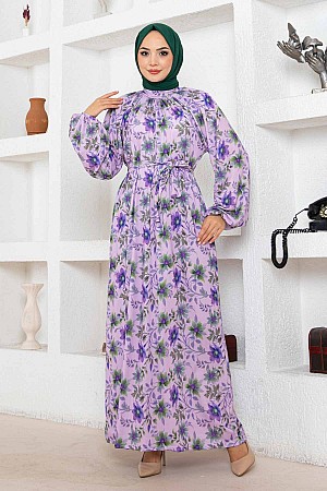 Çiçek Desen Reglan Elbise - Lila