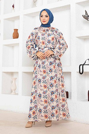 Çiçek Desen Reglan Elbise - Taş