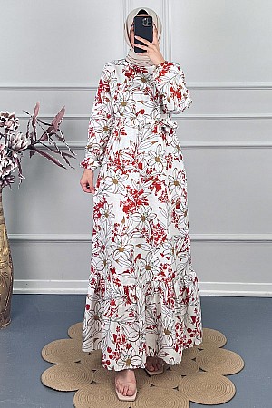 Çiçek Desenli Keten Elbise