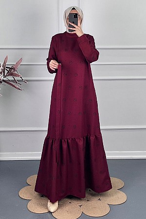 Çiçek Desenli Kışlık Elbise - Bordo
