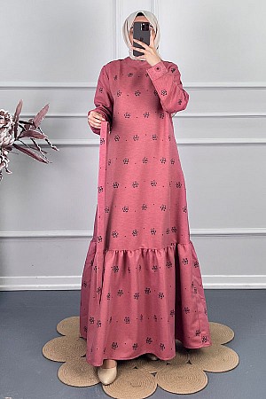 Çiçek Desenli Kışlık Elbise - Pembe