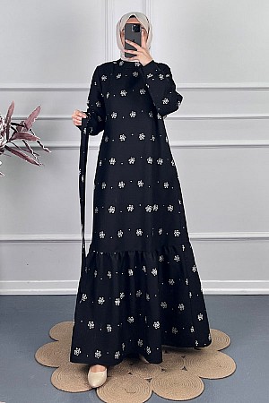 Çiçek Desenli Kışlık Elbise - Siyah