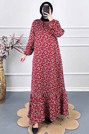 Çiçek Desenli Tensel Elbise - Kırmızı