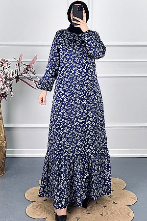 Çiçek Desenli Tensel Elbise - Mavi