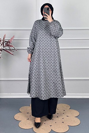 Çiçek Desenli Uzun Tunik - Gri