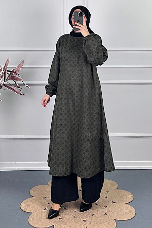 Çiçek Desenli Uzun Tunik - Haki