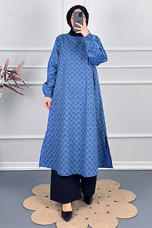 Çiçek Desenli Uzun Tunik - Mavi