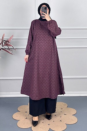 Çiçek Desenli Uzun Tunik - Mürdüm