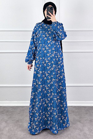 Çiçekli Krep Elbise - Mavi