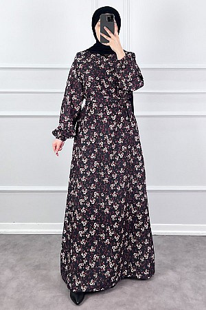 Çiçekli Krep Elbise - Siyah