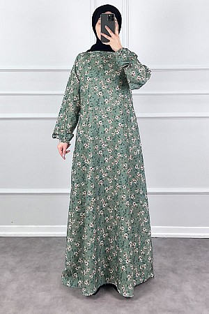 Çiçekli Krep Elbise - Yeşil