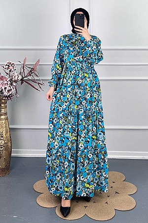 Çiçekli Pamuk Viskon Elbise - Mavi