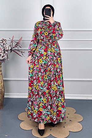 Çiçekli Pamuk Viskon Elbise - Turuncu