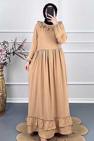 Çift Fırfırlı Elbise - Hardal Sarısı