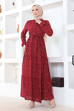 Çıtır Desenli Düğmeli Viskon Elbise - Bordo Çıtır Desenli Düğmeli Viskon Elbise - Bordo