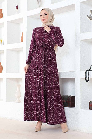 Çıtır Desenli Düğmeli Viskon Elbise - Mürdüm