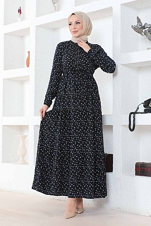Çıtır Desenli Düğmeli Viskon Elbise - Siyah Çıtır Desenli Düğmeli Viskon Elbise - Siyah