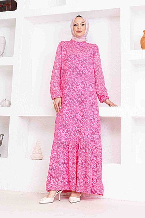 Çıtır Desenli Pamuk Viskon Elbise - Pembe