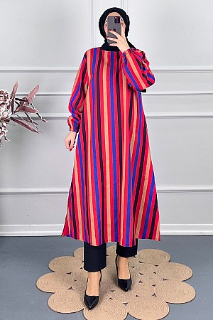 Çizgi Detaylı Uzun Tunik - Pembe