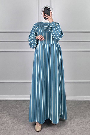 Çizgili İki İplik Elbise - Bulut Mavisi