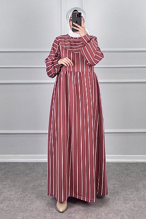 Çizgili İki İplik Elbise - Pudra