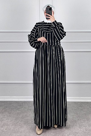 Çizgili İki İplik Elbise - Siyah