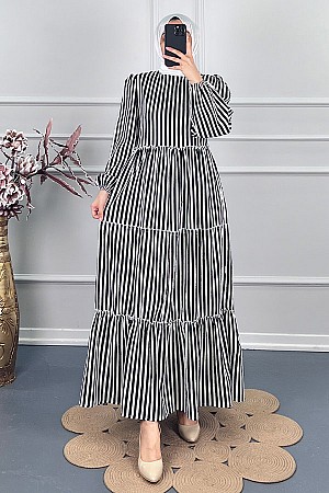 Çizgili Katkat Elbise - Siyah