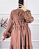 Çizgili Keten Elbise - Kahverengi